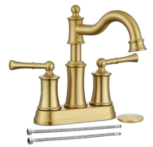 Centerset Bathroom Sink Faucet Brushed Gold 2 Handles Fit for 2 Holes Deck Mount Installation Pop-up Drain Assembly with Overflow Deck Plate and Water Supply Lines Included